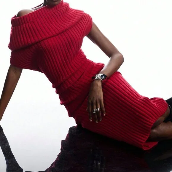 Red Elegant Women's Asymmetric One-Shoulder Knit Cowl Neck Dress - Picture 6 of 7